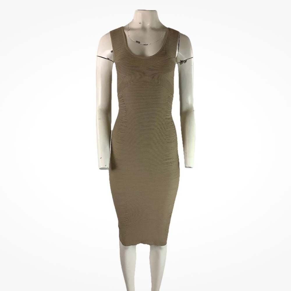 Aura Sz S/M Bodycon Bandage Tight Fit Neutral Cocktail Club Dress Tan Spandex